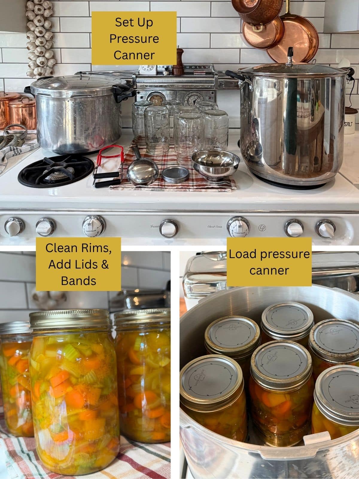 set up pressure canner for butternut squash soup cannning, wipe rims, add lids and bands to jars, load pressure canner