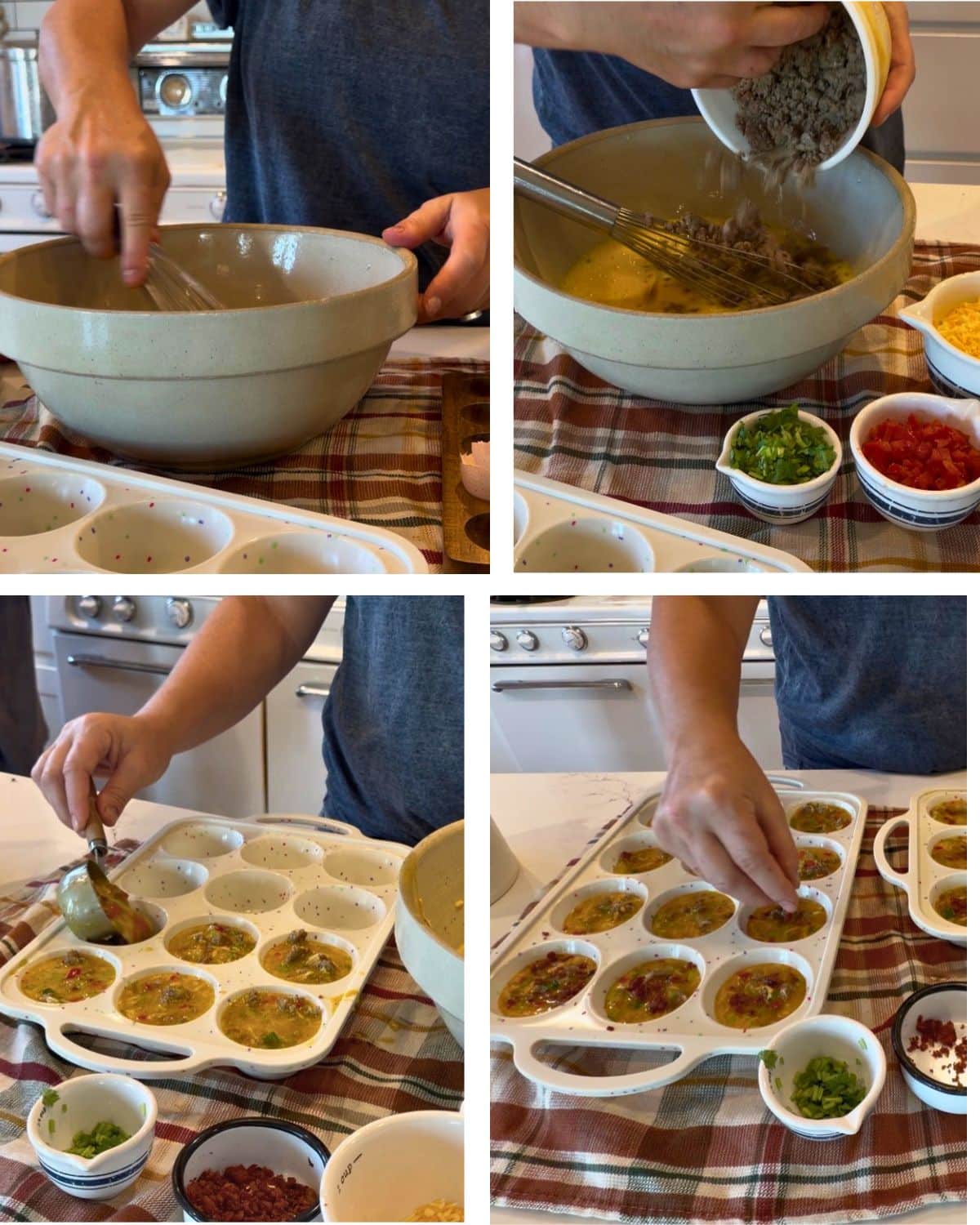 whisking eggs, adding other ingreidnets, spooning into muffin tins, and topping with bacon crumbles