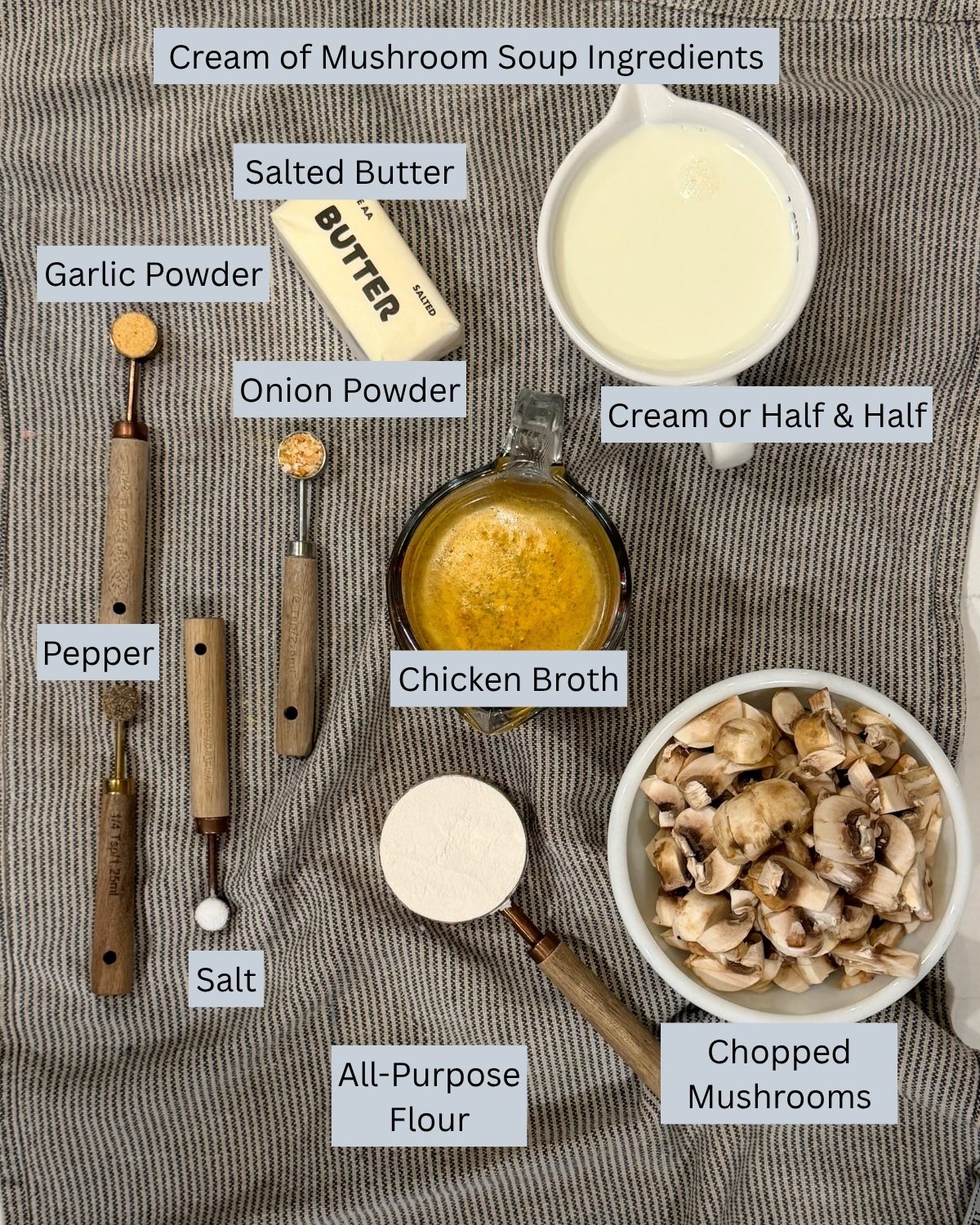 cream or half and falf, chicken broth, slat, pepper, garlic and onion powder, chopped mushrooms and butter