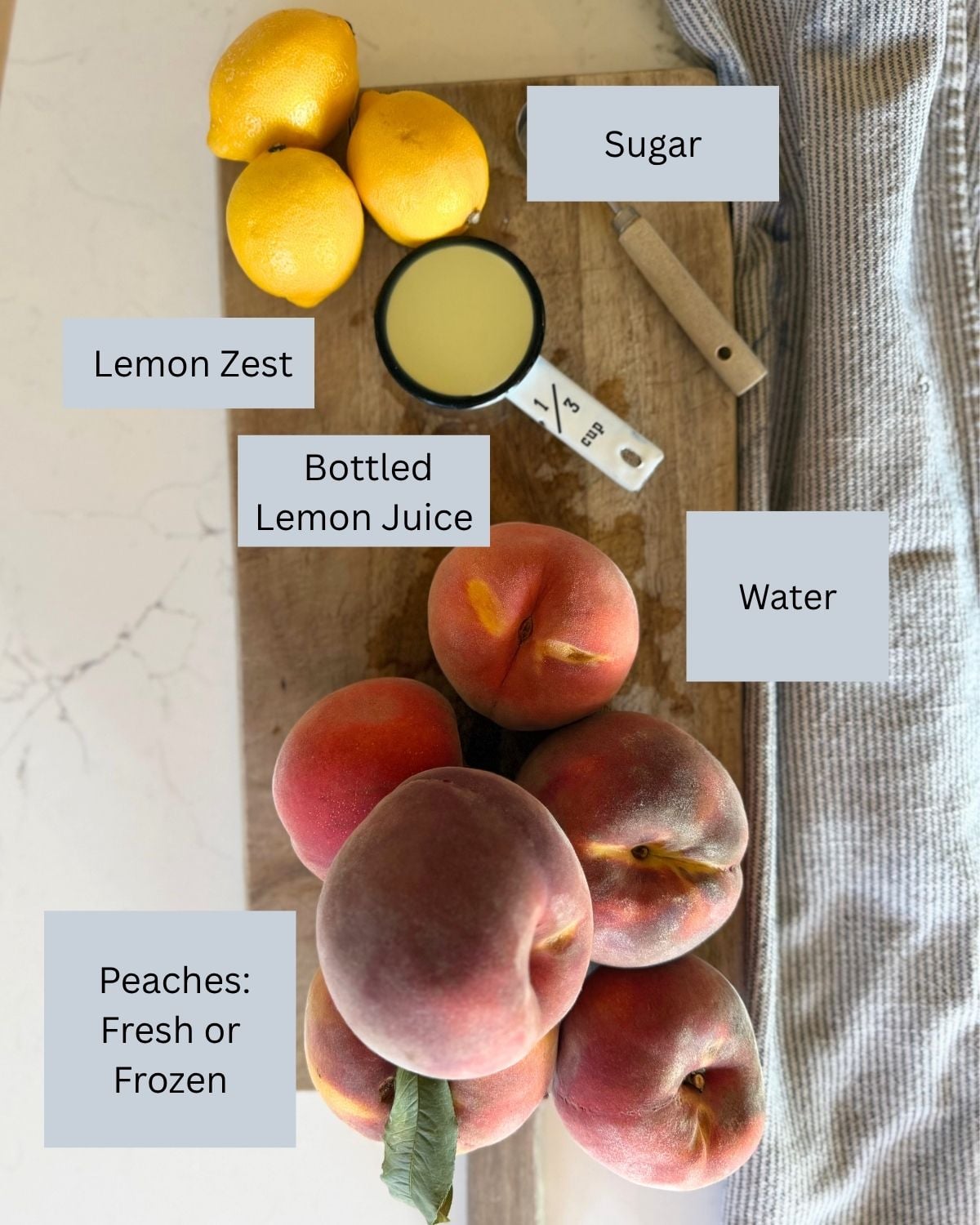 peacheds, lemons, lemon juice, water and sugar
