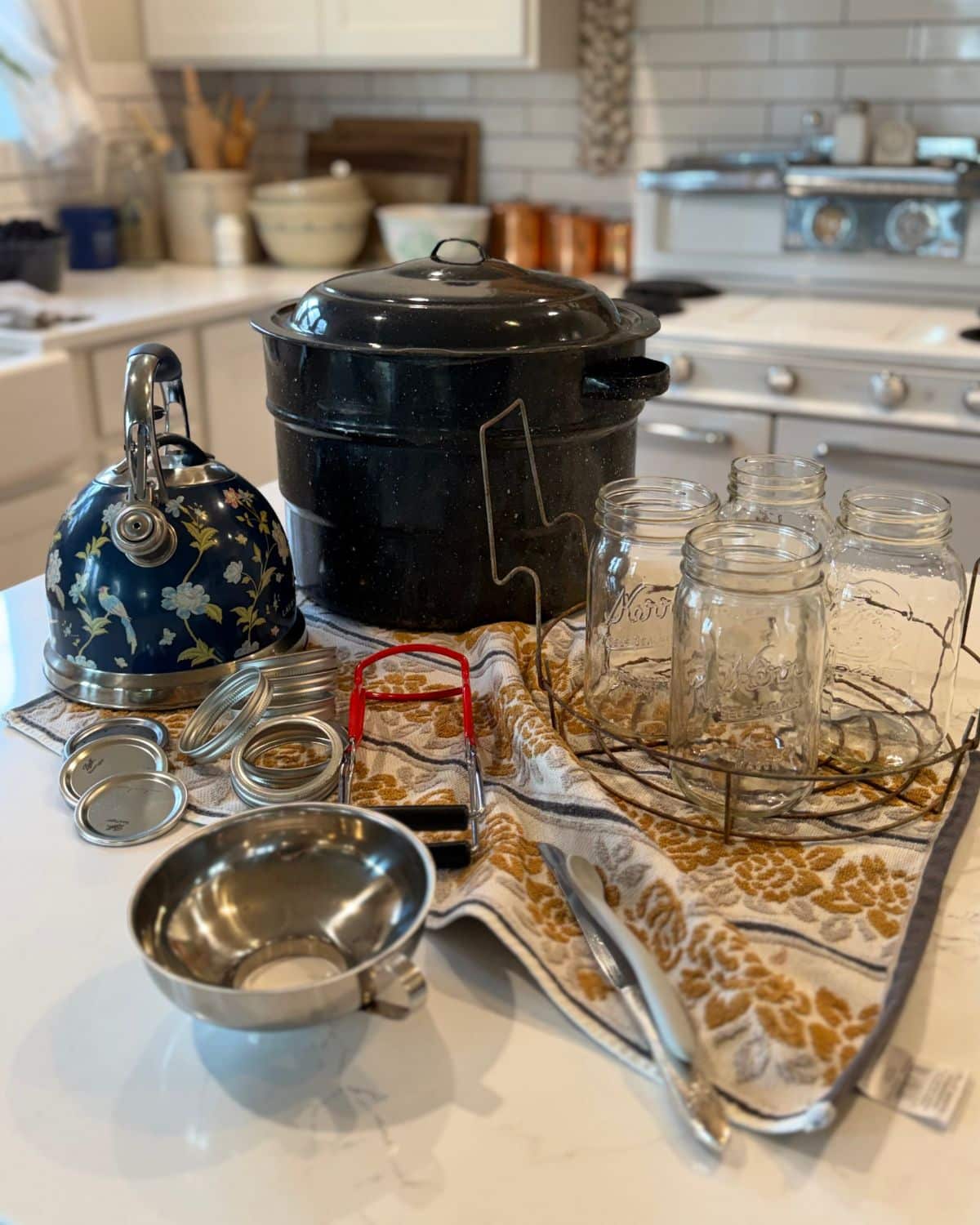 water bath canner, mason jars, lids, rings, funnel, jar lifter, bubble remover, tea kettle, jar rack