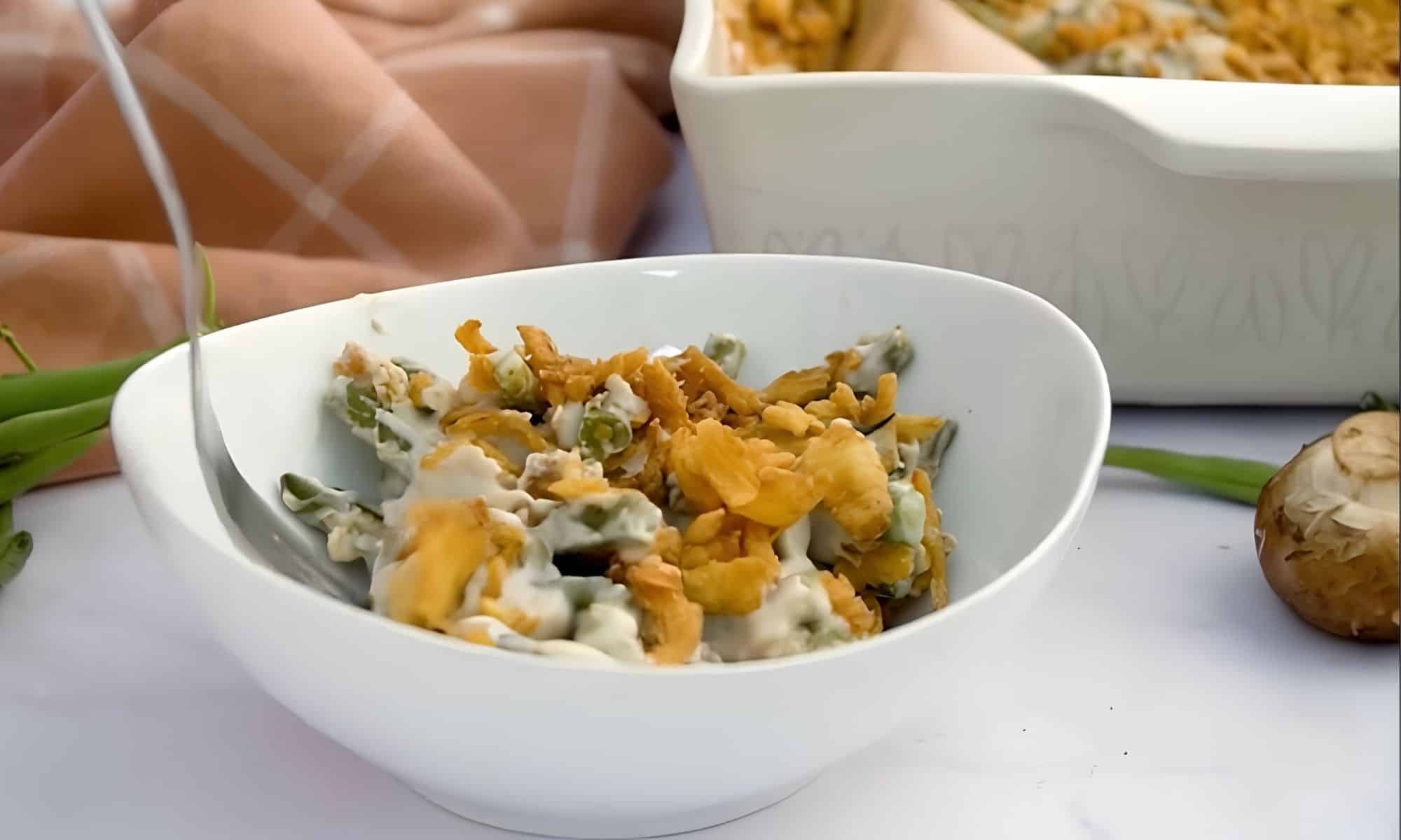 green bean casserole made with cream of mushroom soup in a bowl