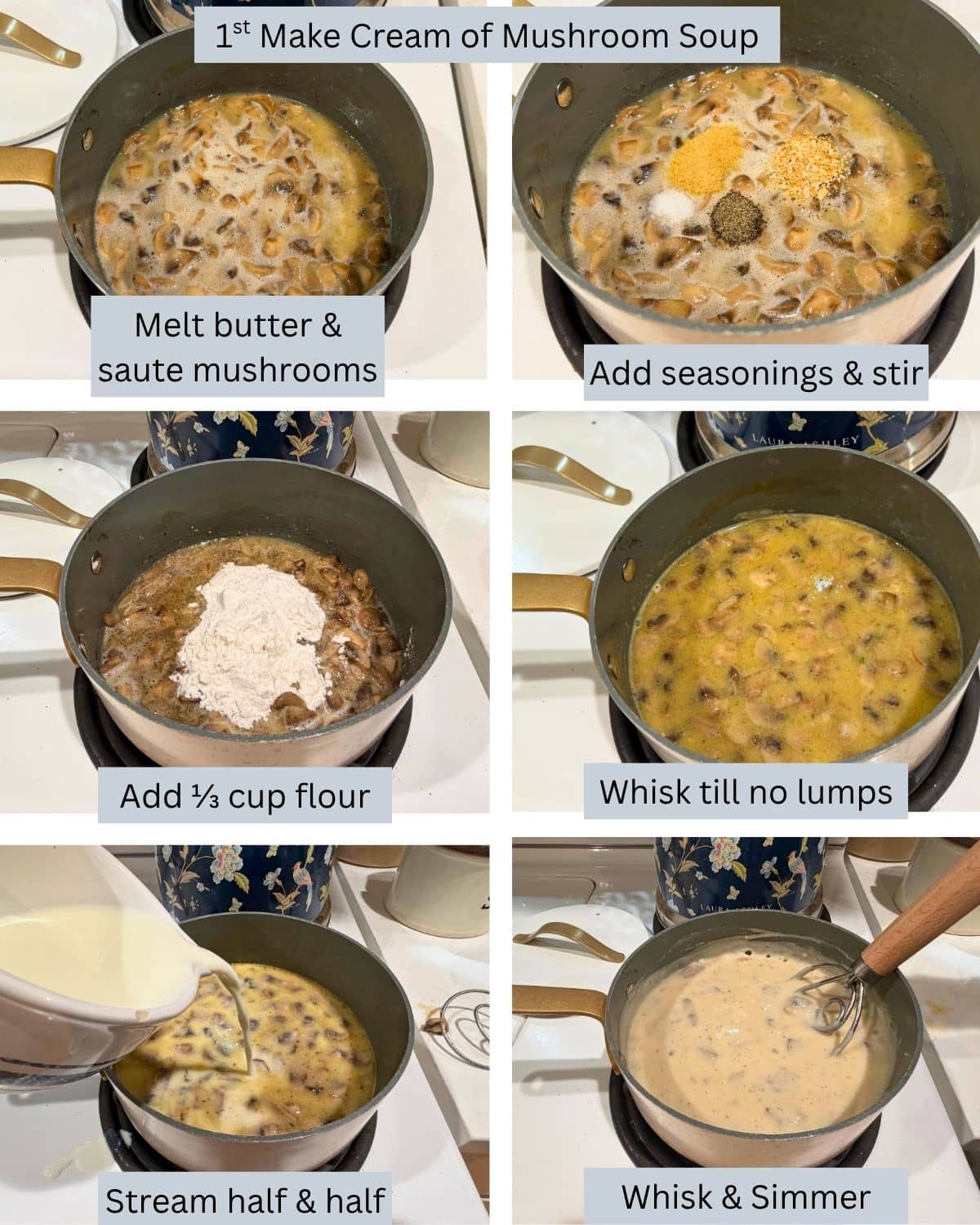 sauted mushrooms, adding flour, whisking in broth and cream
