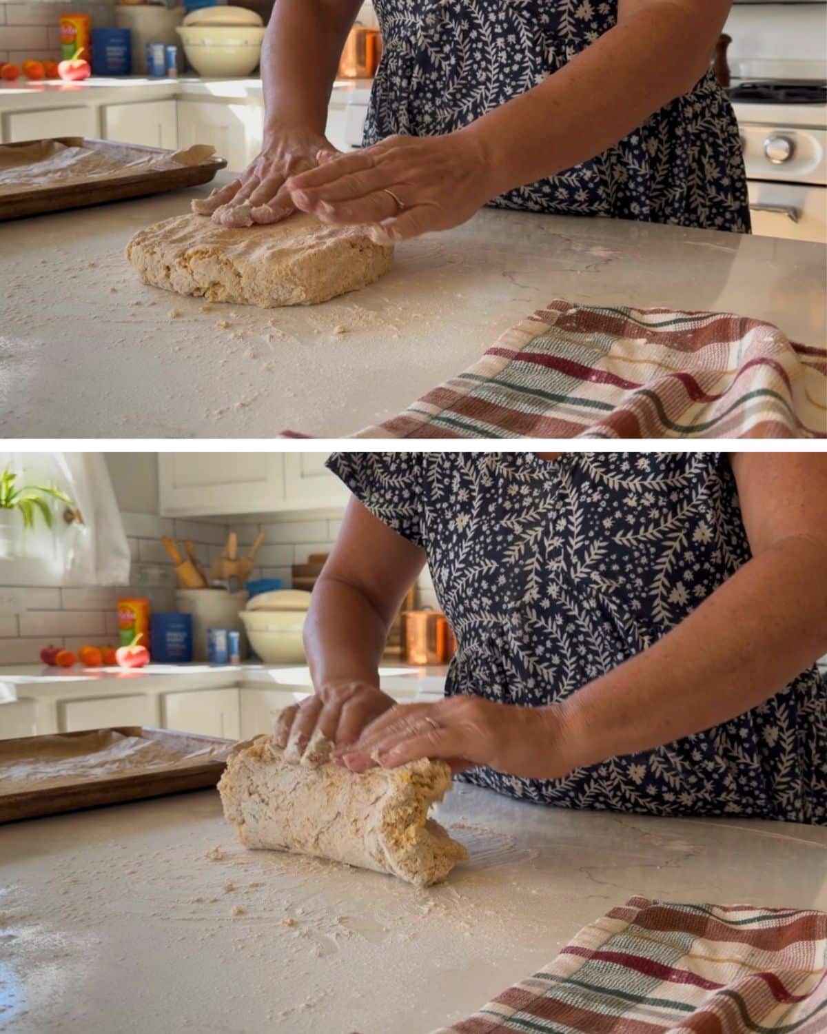 patting cheddar bay biscuit dough flat on a flour dusted counter, then folding it over to make layers