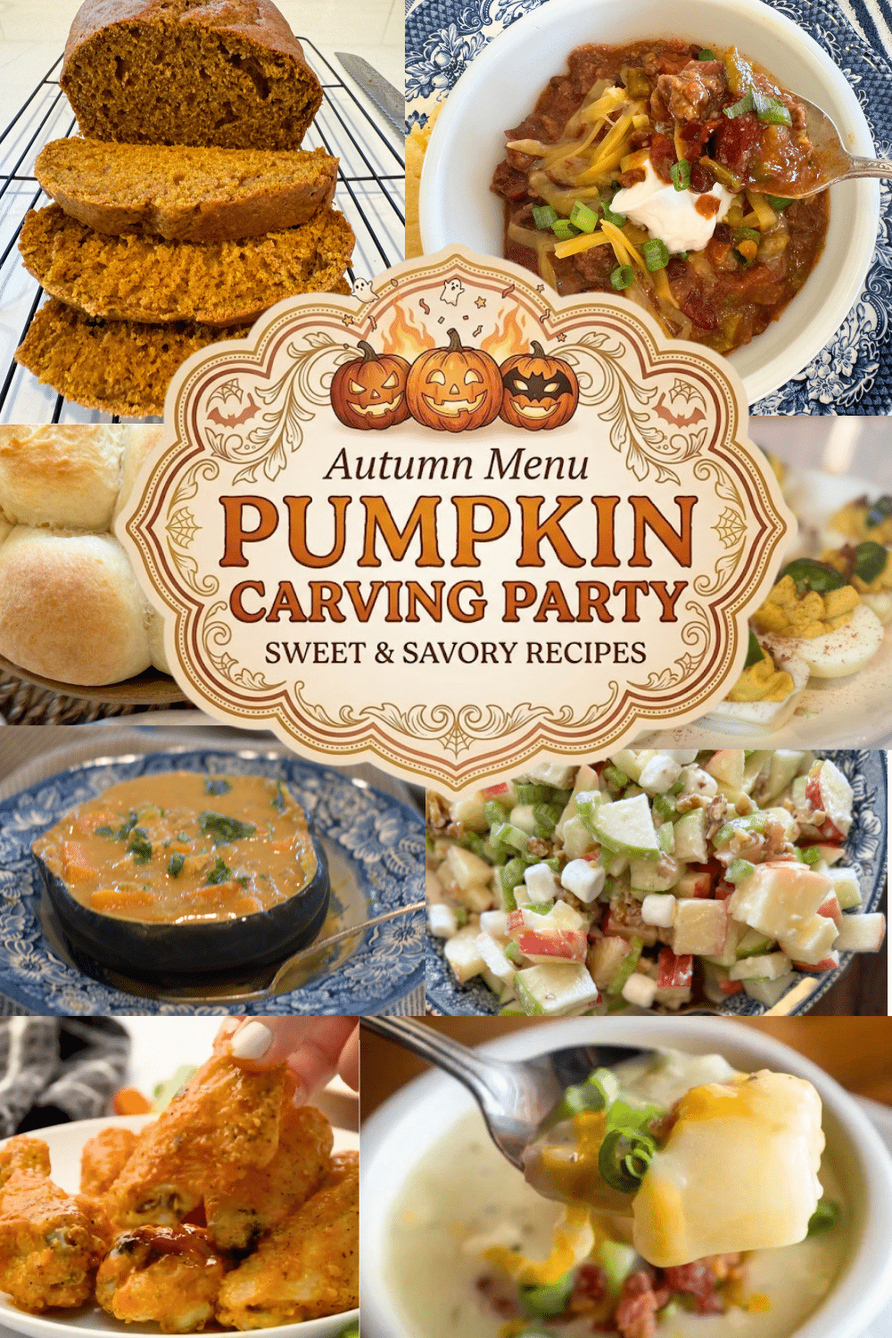 soups, rolls, pumpkin bread, chili, and pumpkin carving party menu lable
