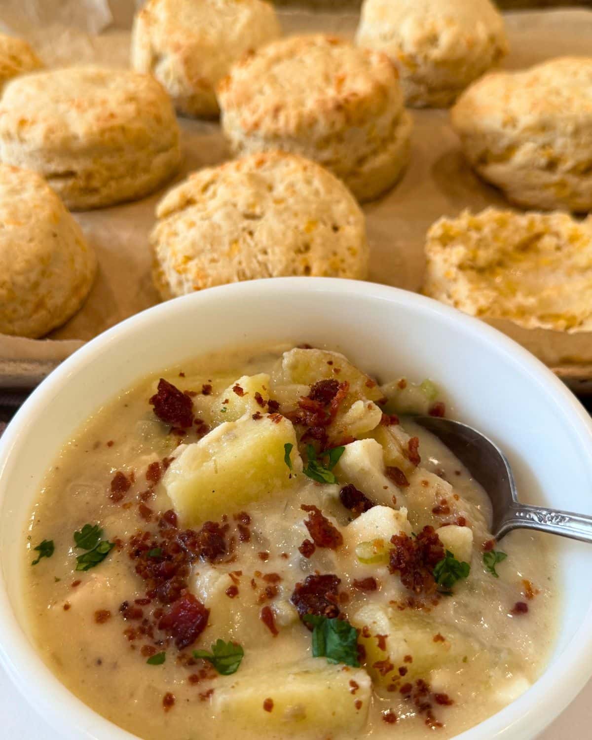 serving easy cheddar bay biscuits with creamy clam chowder