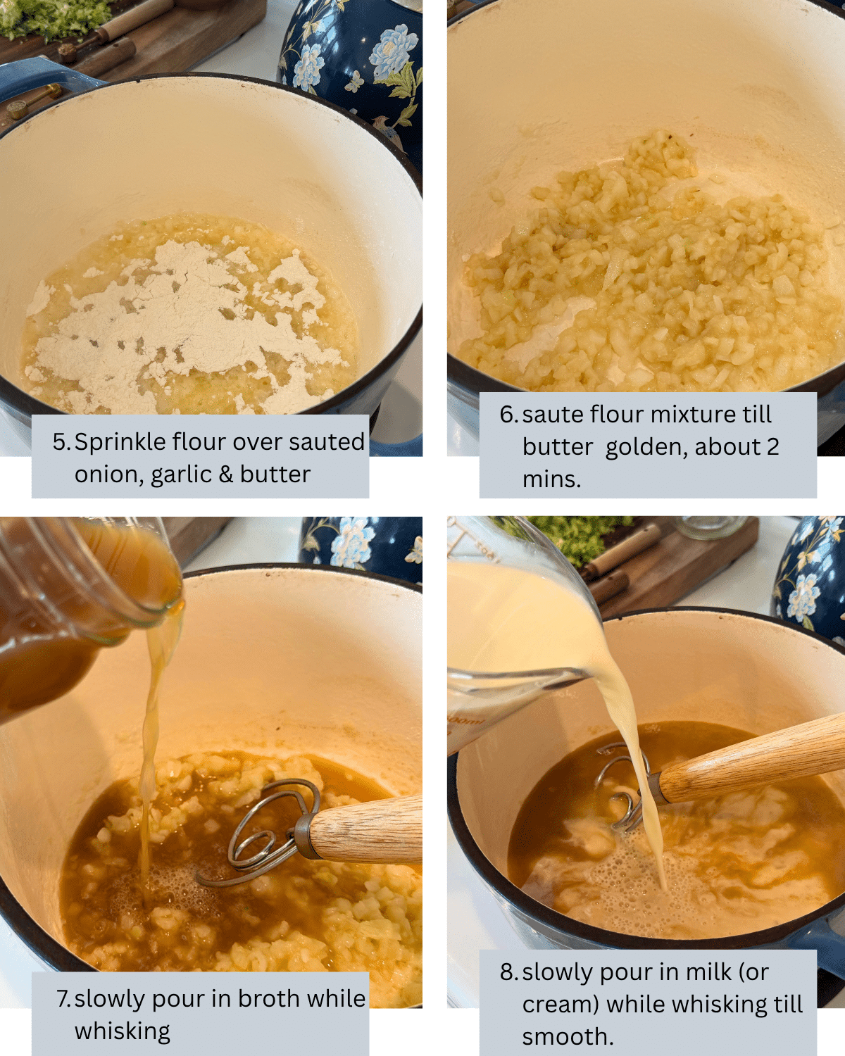 making the roux and whisking in broth and milk or cream