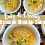 broccoli cheddar soup recipe served in white bowls with text
