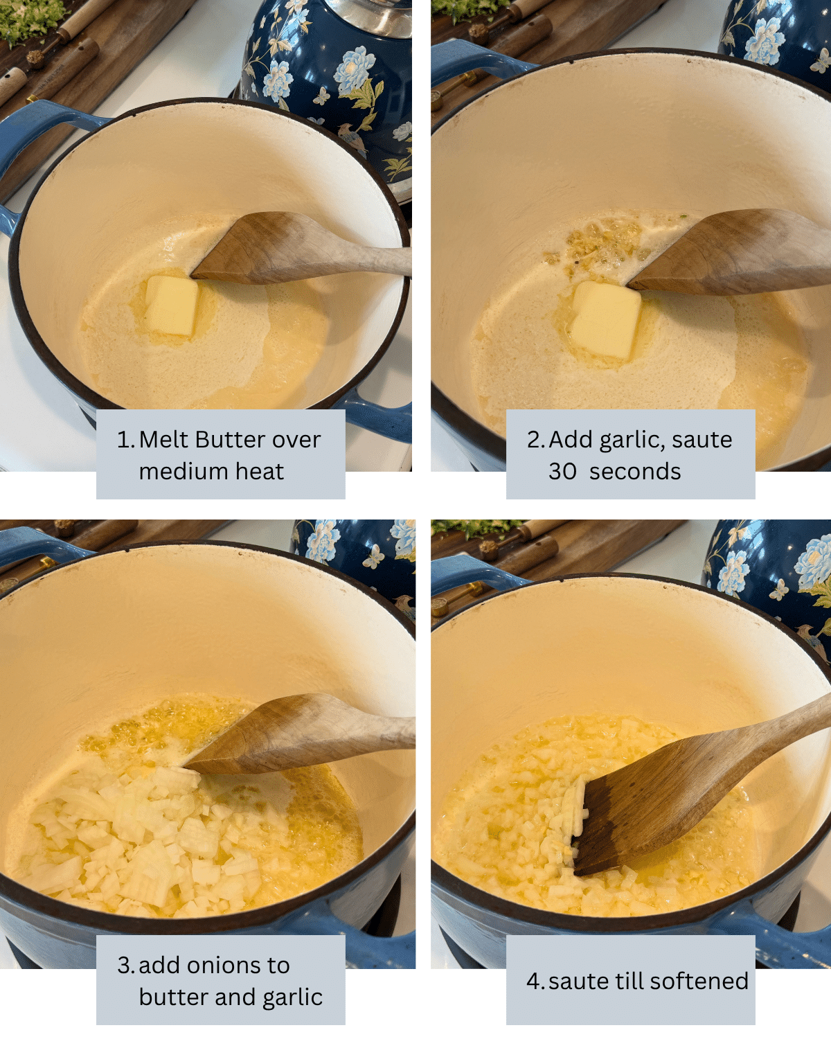 process shots steps 1-4 melting butter, adding garlic and onions and sauting till softened