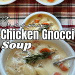 creamy chicken gnocci soup served in white bowls with text
