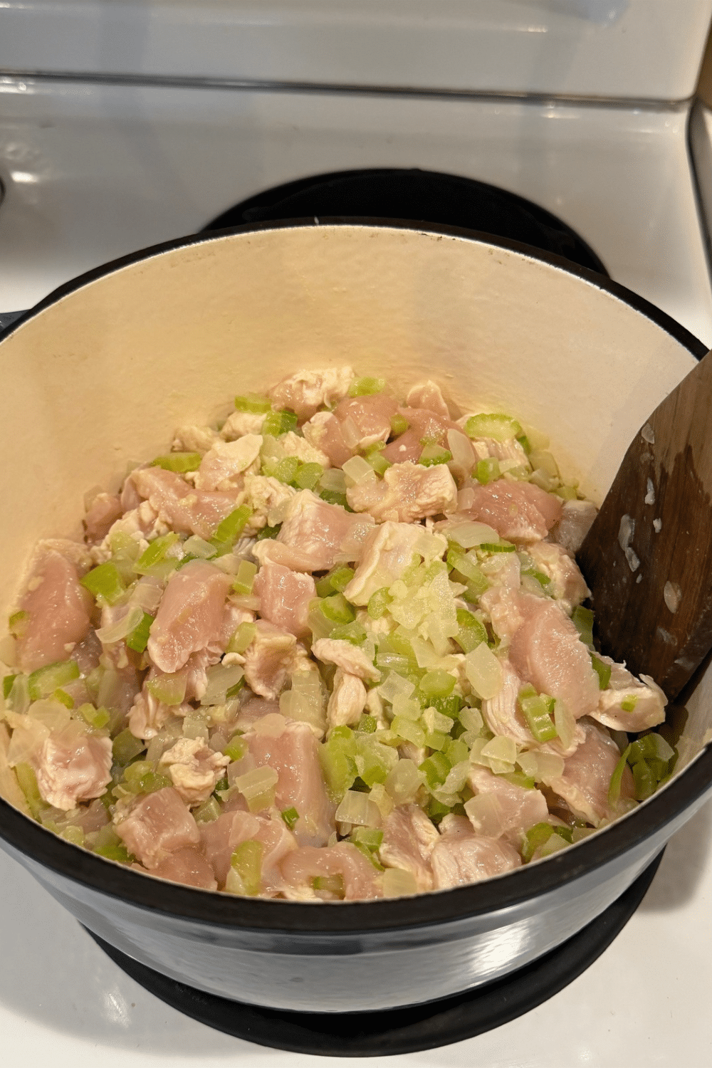 cooking chicken, onion, garlic in butter in soup pot before adding flour and boulion to make chicken gnocci soup